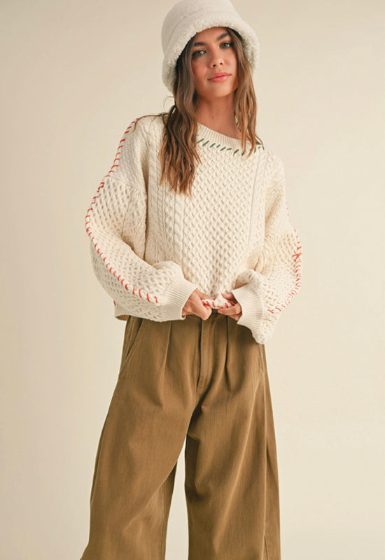 Color Stitched Detail Cable Sweater - Beige