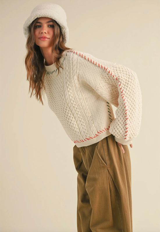 Color Stitched Detail Cable Sweater - Beige