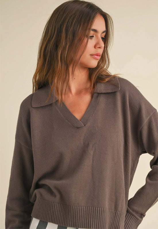 Soft Sweater Top with Collar - Cocoa