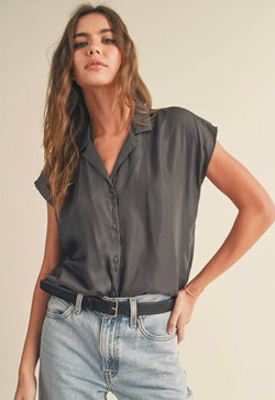 Button Down Cap Sleeve Top - Charcoal