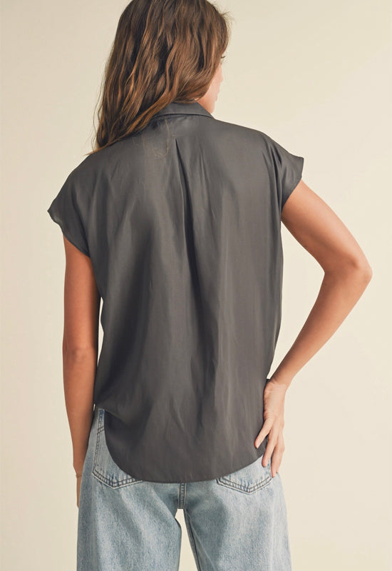 Button Down Cap Sleeve Top - Charcoal