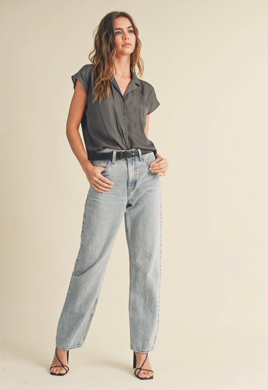 Button Down Cap Sleeve Top - Charcoal