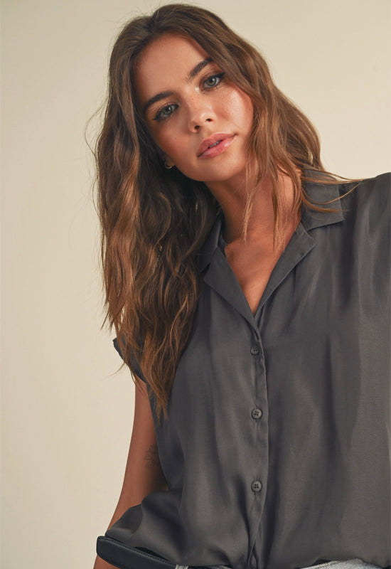 Button Down Cap Sleeve Top - Charcoal