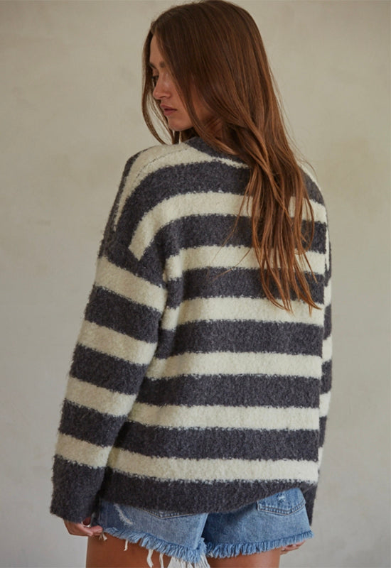 Striped Pullover Sweater - Charcoal Cream