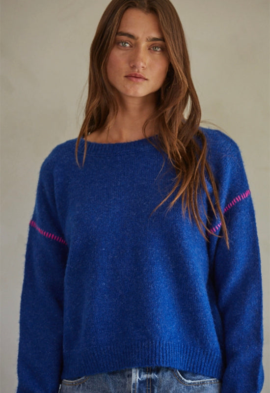 Knit Wool Sweater with Stitch Detail - Blue