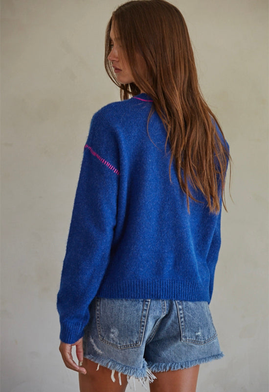 Knit Wool Sweater with Stitch Detail - Blue