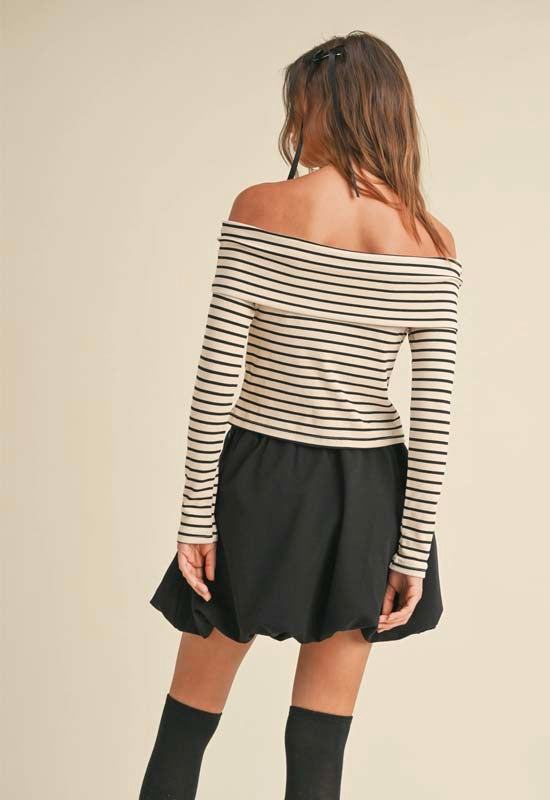 Striped Pattern Rib Off Shoulder Top - Baige Black