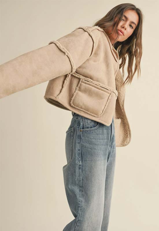 Reversible Suede Sherpa Jacket - Beige