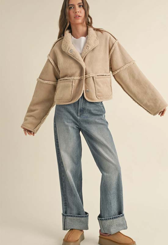 Reversible Suede Sherpa Jacket - Beige