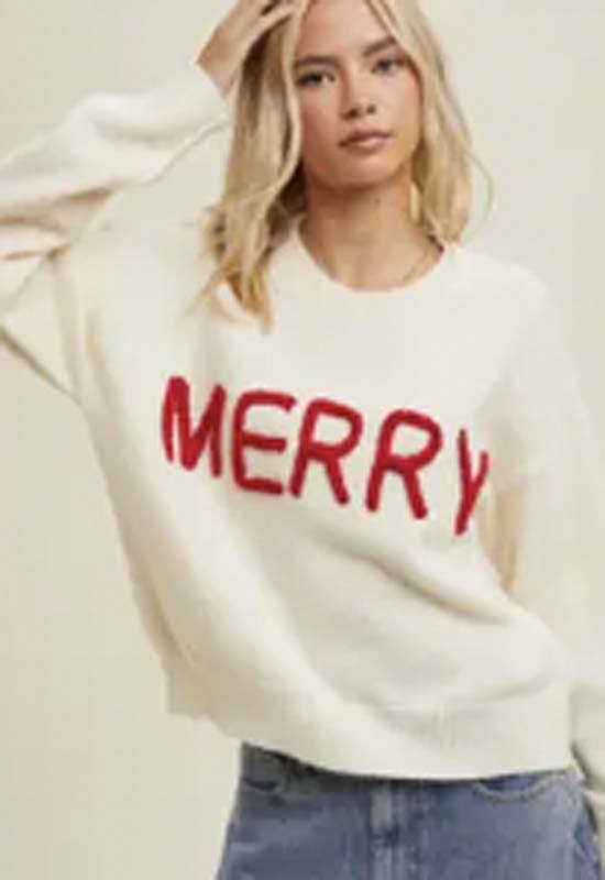 Merry Fluffy Sweater - Cream Red