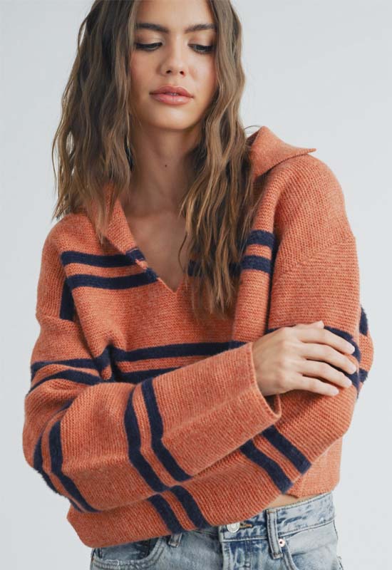 V-Neck Collar Sweater - Rust Navy Stripe