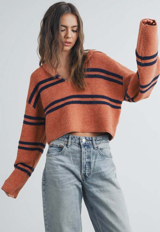 V-Neck Collar Sweater - Rust Navy Stripe