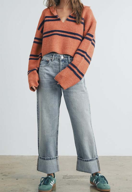 V-Neck Collar Sweater - Rust Navy Stripe