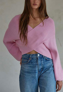 Overlap Knit Sweater Top - Pink