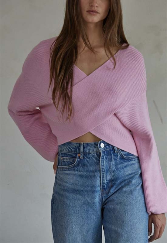 Overlap Knit Sweater Top - Pink