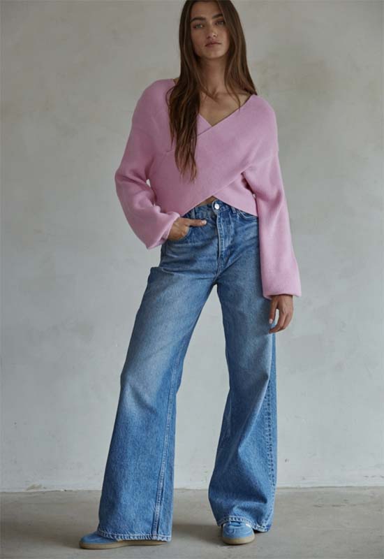 Overlap Knit Sweater Top - Pink