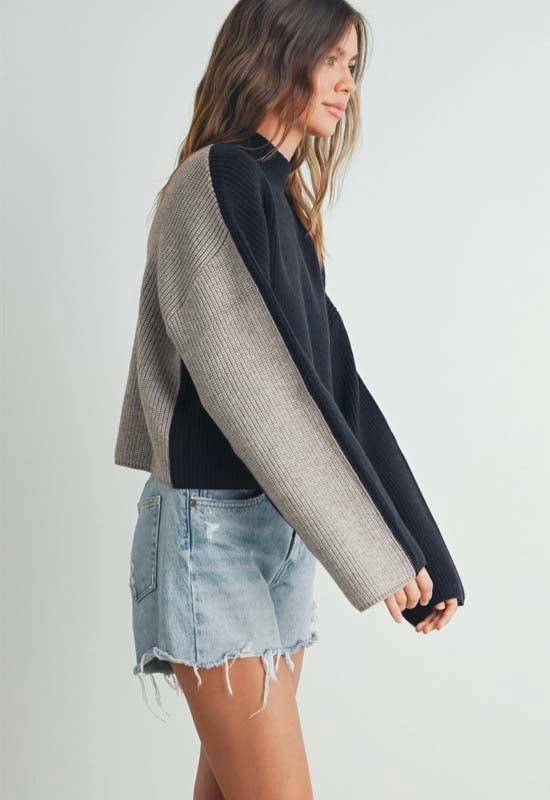 Two Tone Color Block Sweater - Black Taupe