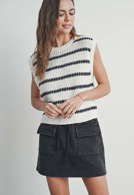 Sleeveless Round Neck Striped Sweater - Ivory Cream