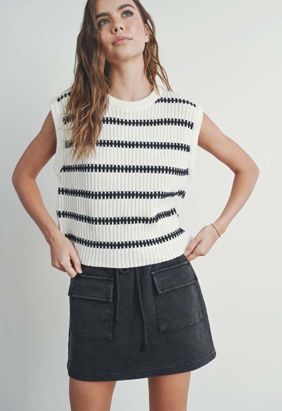 Sleeveless Round Neck Striped Sweater - Ivory Cream