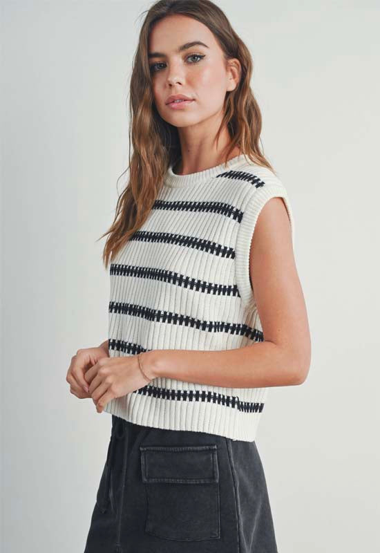 Sleeveless Round Neck Striped Sweater - Ivory Cream