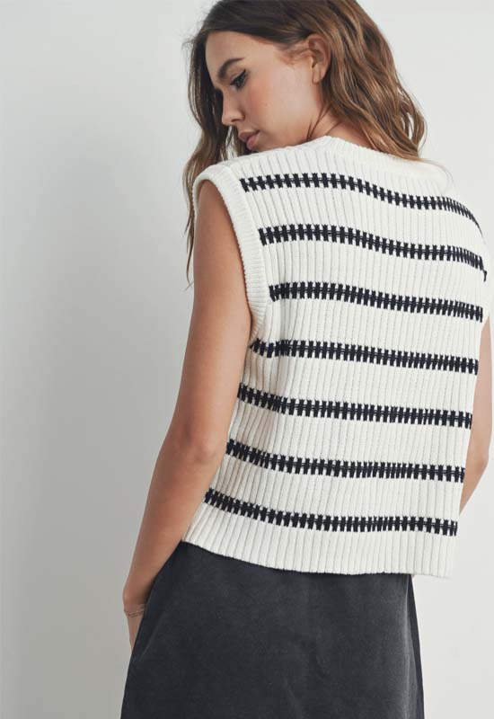 Sleeveless Round Neck Striped Sweater - Ivory Cream