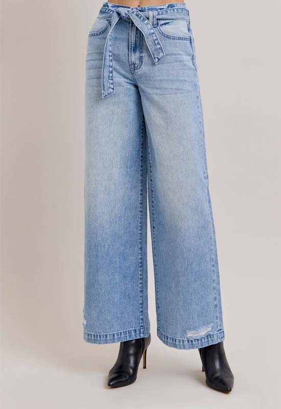 Hidden - Nori High Rise Extra Wide Belted Jean Light Denim