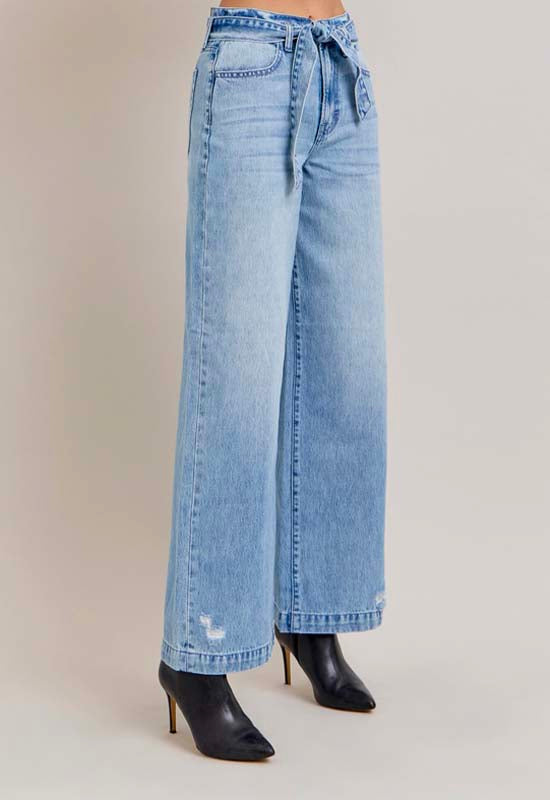 Hidden - Nori High Rise Extra Wide Belted Jean Light Denim