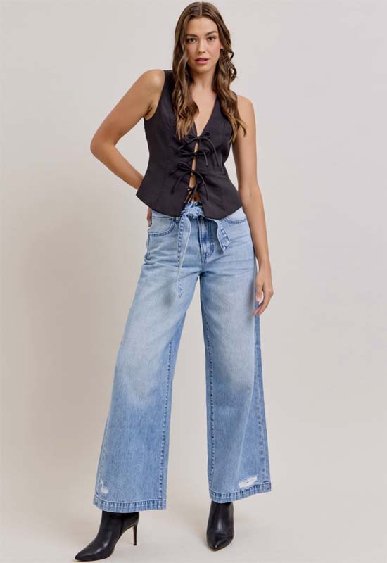 Hidden - Nori High Rise Extra Wide Belted Jean Light Denim