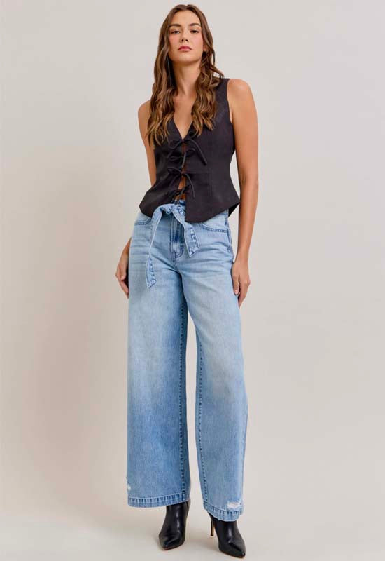 Hidden - Nori High Rise Extra Wide Belted Jean Light Denim