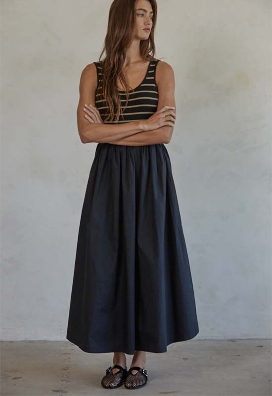 Knit Stripe Ribbed Bodice Dress - Black Taupe