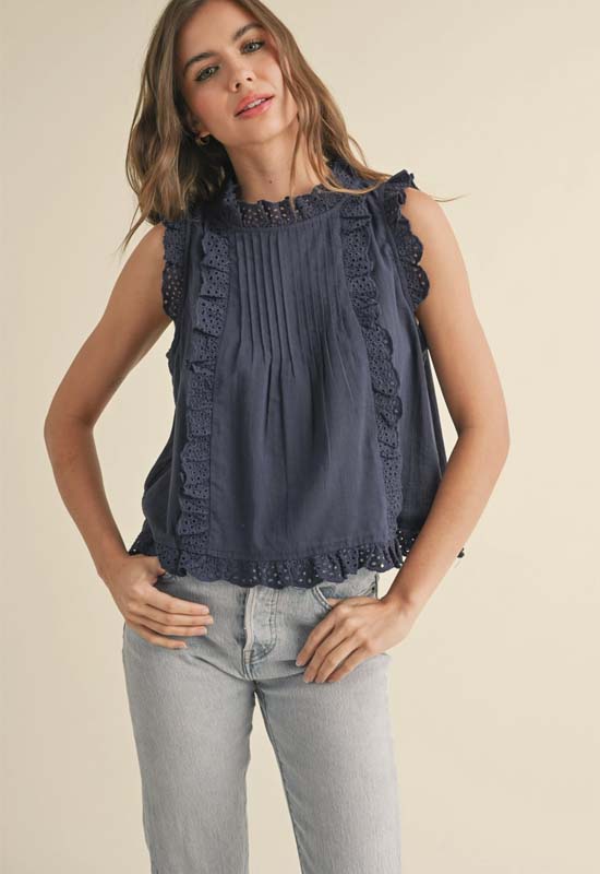 Eyelet Ruffled Trim Blouse - Navy