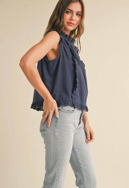 Eyelet Ruffled Trim Blouse - Navy