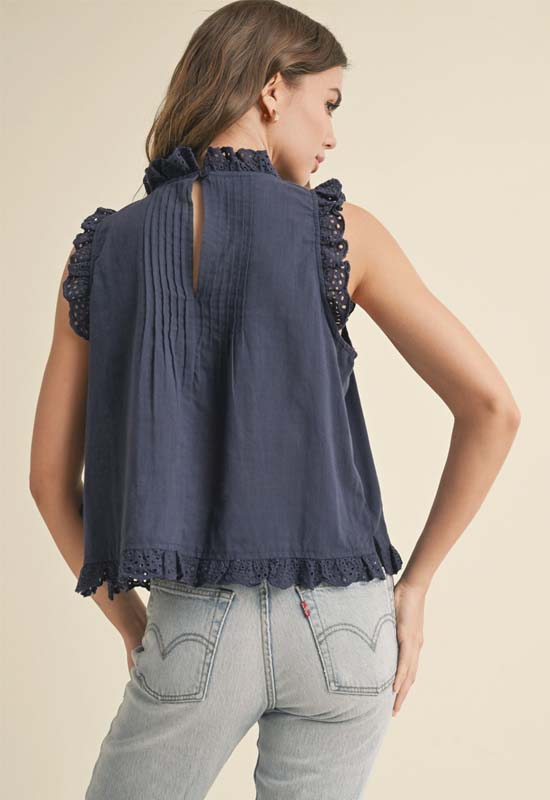 Eyelet Ruffled Trim Blouse - Navy