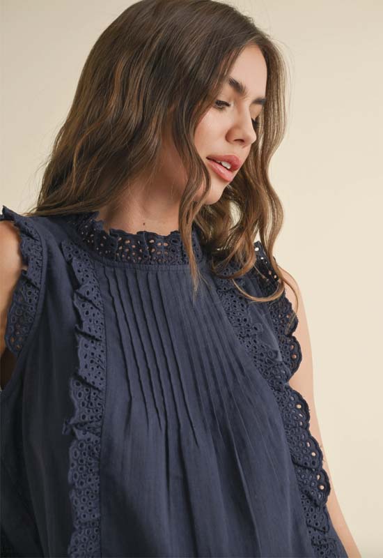 Eyelet Ruffled Trim Blouse - Navy