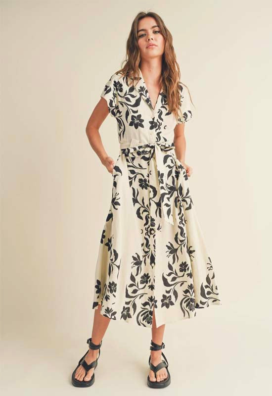 Print Button Down Flare Dress - White Black