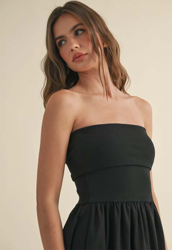 Linen with Ribbed Knitted Combo Dress - Black