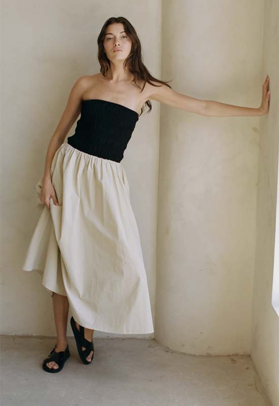 Woven Cotton Strapless Flare Midi Dress - Black Natural Woven Cotton Strapless Flare Midi Dress - Black Natural