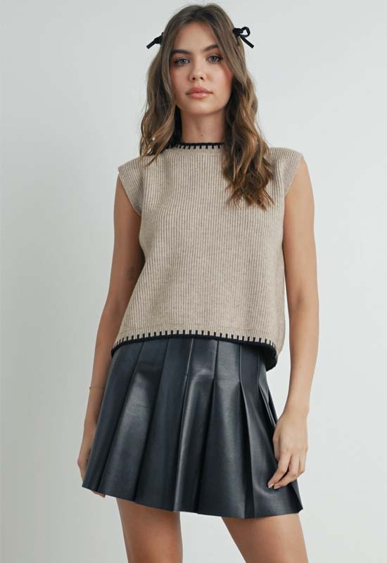 Ribbed Sweater Vest Top - Taupe Black