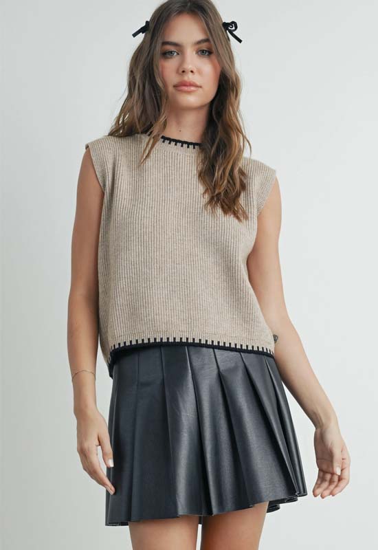 Ribbed Sweater Vest Top - Taupe Black