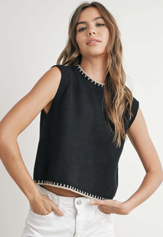 Ribbed Sweater Vest Top - Black Taupe