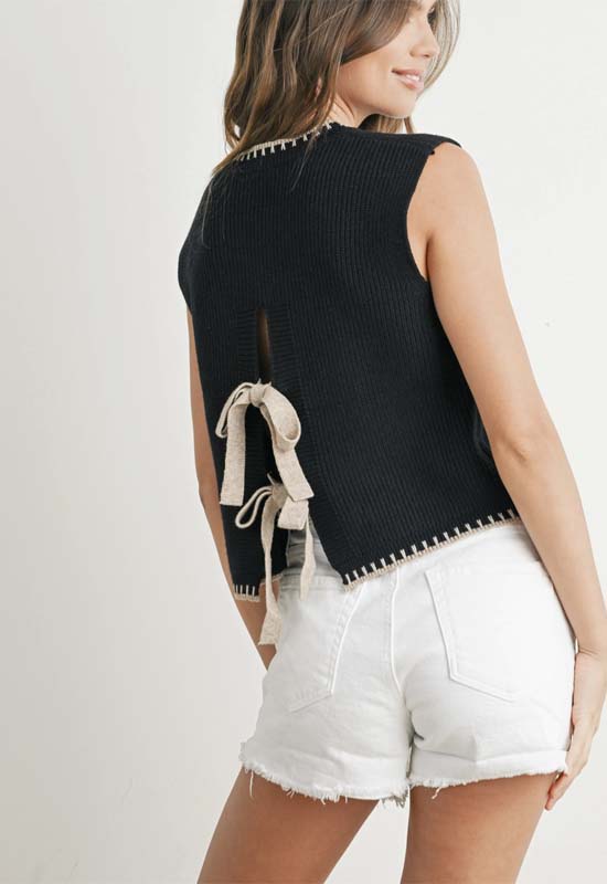 Ribbed Sweater Vest Top - Black Taupe