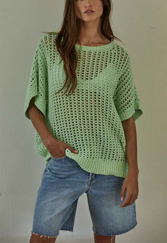 See Through Fishnet Sweater Top - Mint