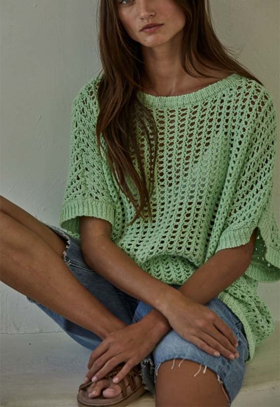 See Through Fishnet Sweater Top - Mint