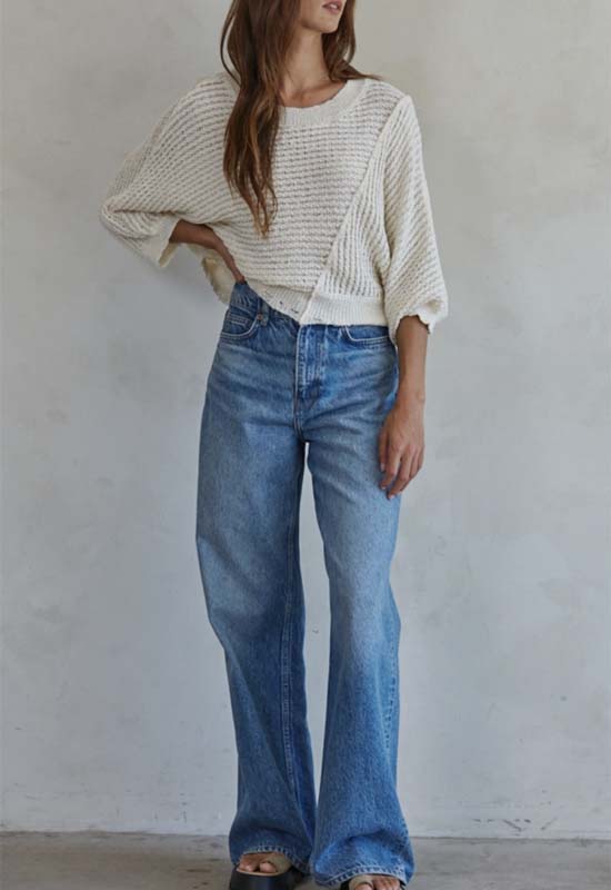 Knit Round Neck Sweater with 3/4 Sleeves - Ivory