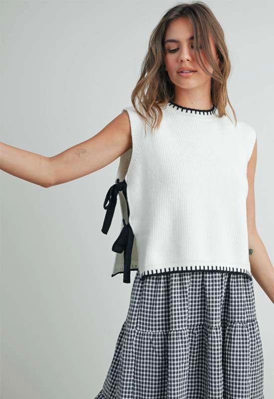 Ribbon Tie Sweater Top - White Black