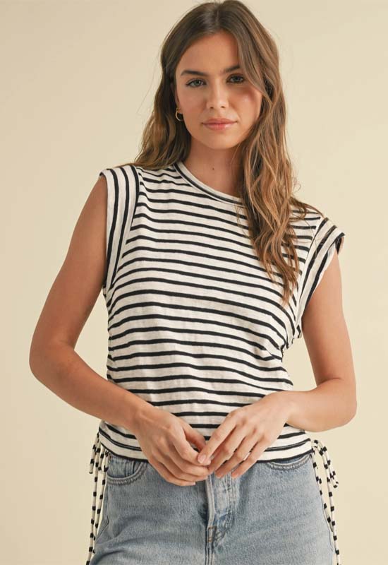 Striped Drawstring Side Tie Top - Black White