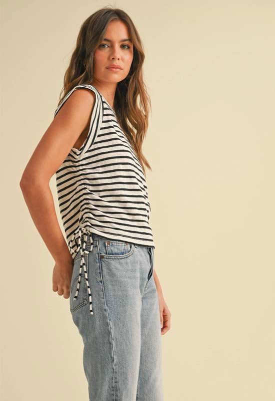 Striped Drawstring Side Tie Top - Black White