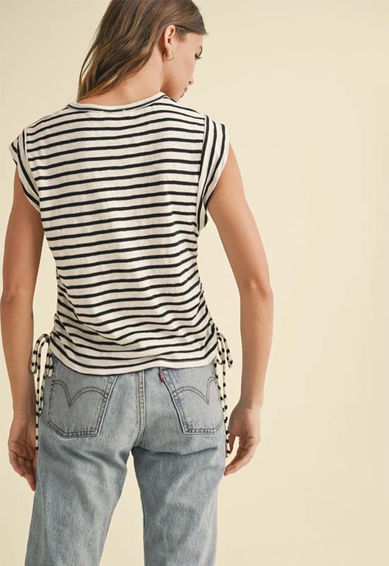 Striped Drawstring Side Tie Top - Black White