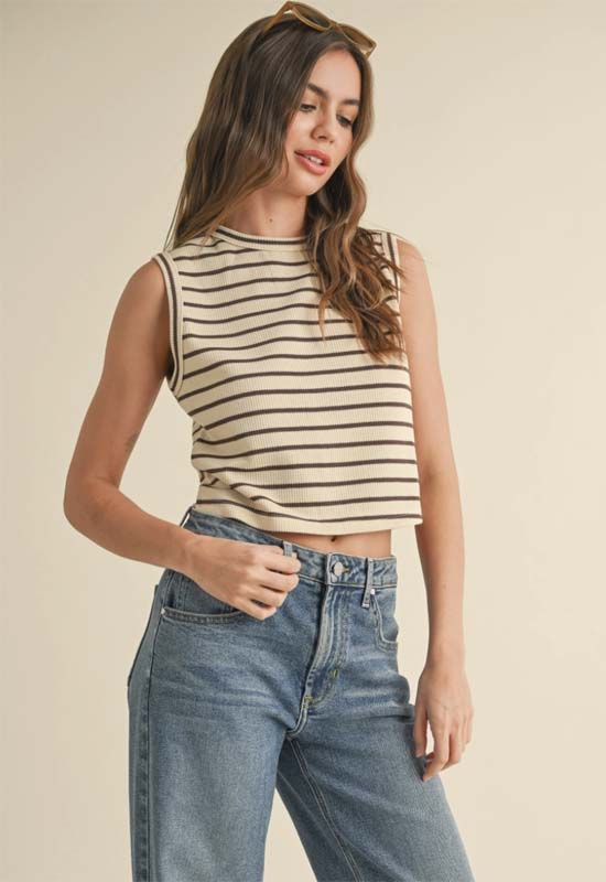 Striped Sleeveless Top - Beige Brown