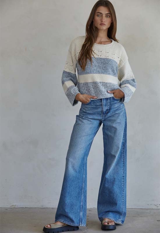 Knit Round Neck Sweater - Natural Blue